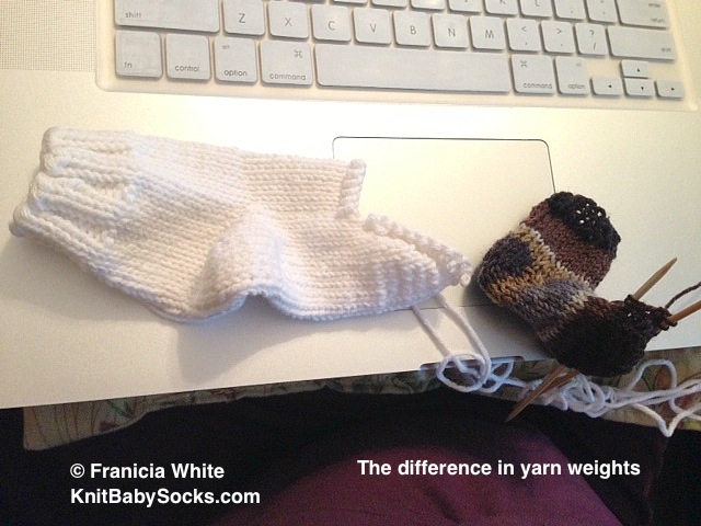 Picture comparison of knitting socks using different yarn weights